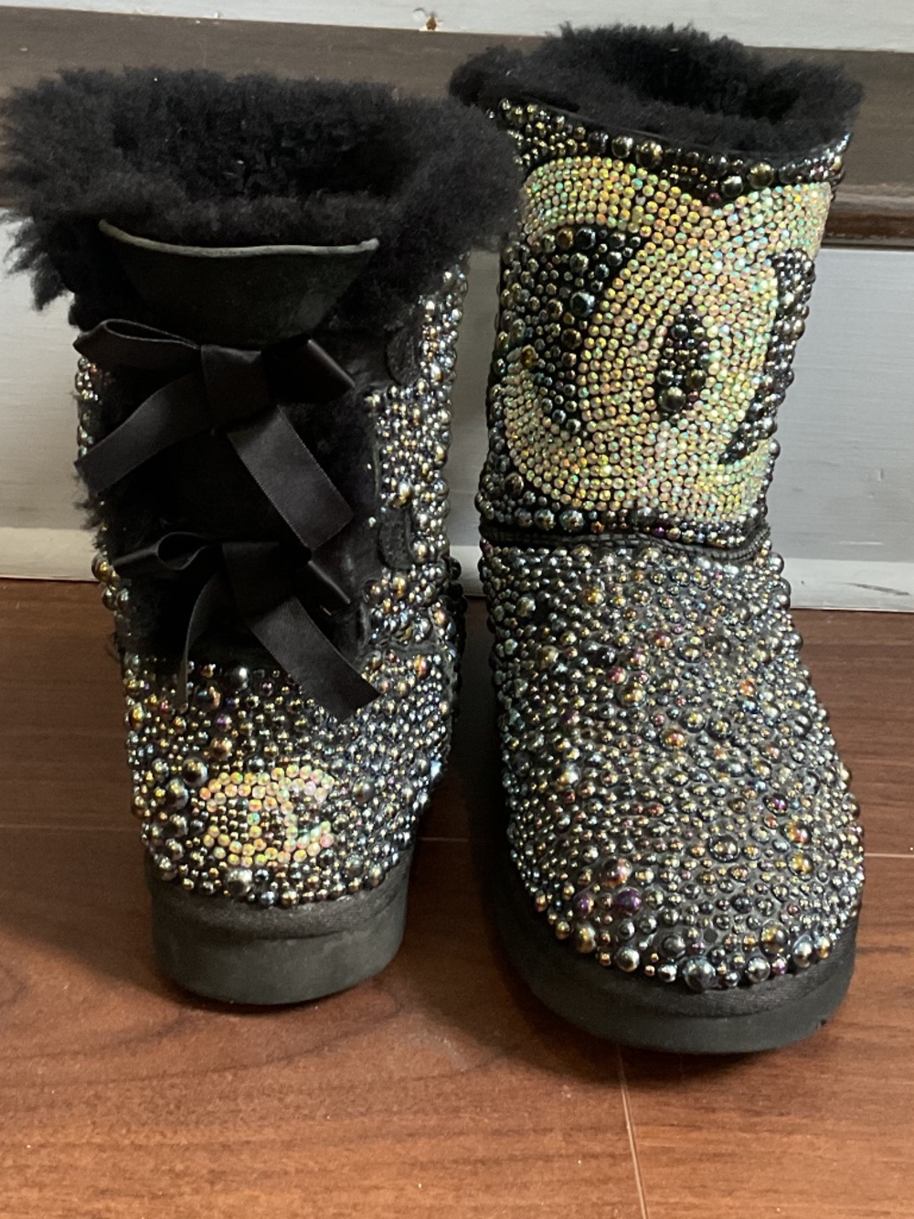 Black Custom Bedazzled Rhinestone UGG Boots with Bows size 10-10.5